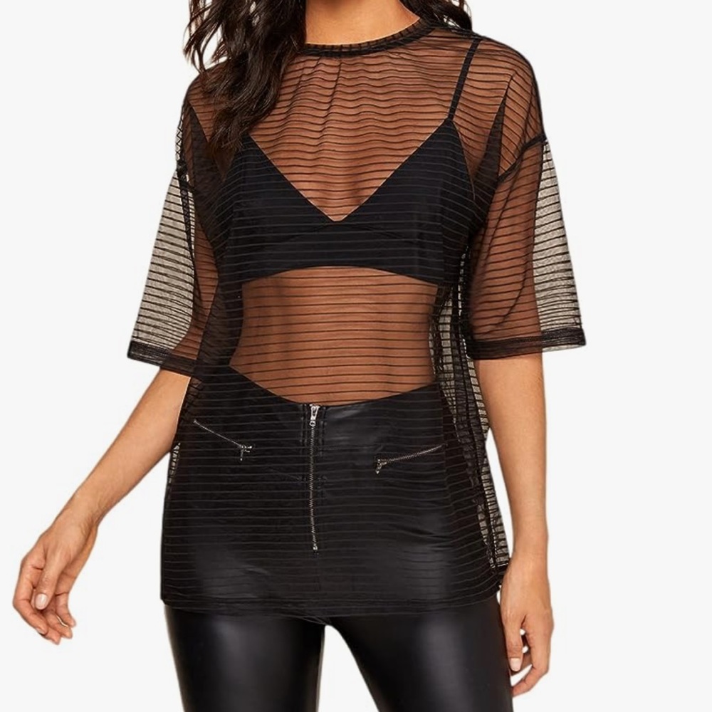 Short Sleeve Mesh Sheer T Shirt Blouse